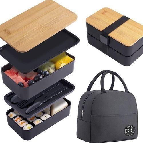 Bamboo Lid Double Layer Lunch Box with Insulated Bag and Cutlery - Black